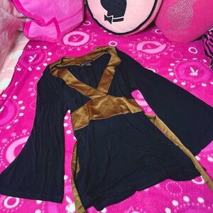 INC Y2k Vintage Black Flare Sleeve Blouse Golden Brown Empire Waist Size Medium